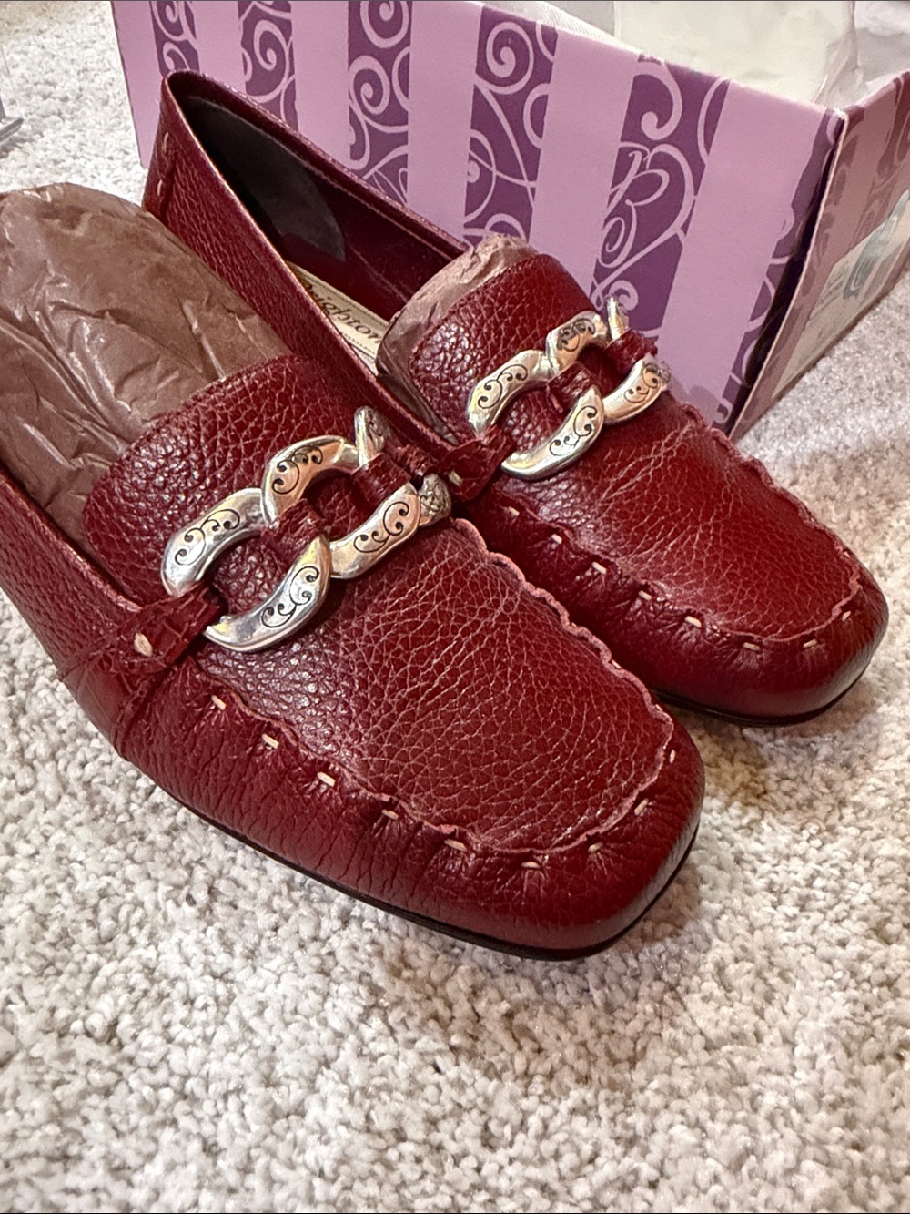 Brighton Burgundy Leather Chain-Accent Moccasin Flats